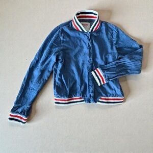 VTG Mossimo Jacket Women's M Denim Blue Varsity Bomber Ribbed Hem 100% Lyocell